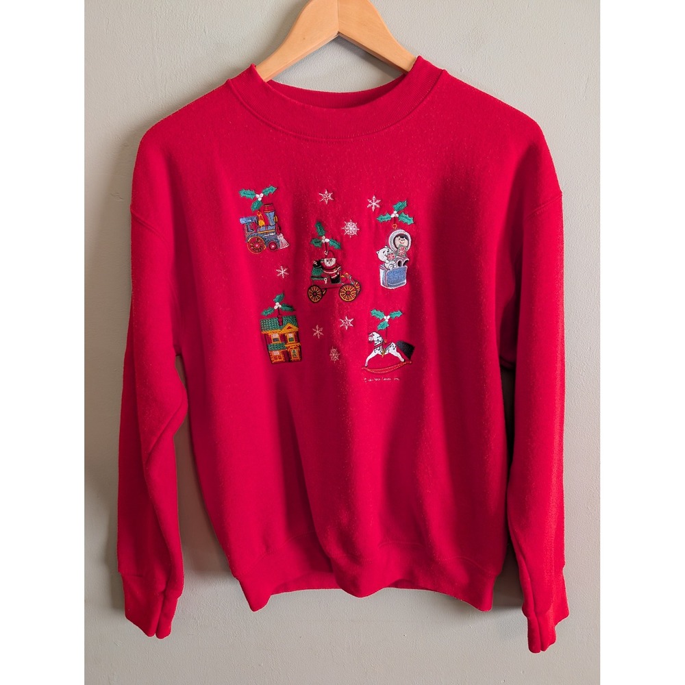 Vintage Fruit of the Loom Christmas Embroidered Sweatshirt Red Made in USA Med